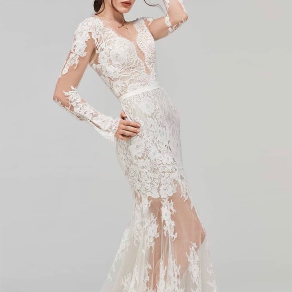 “Sage” All lace cream wedding dress with Bronze lining from waist to skirt.